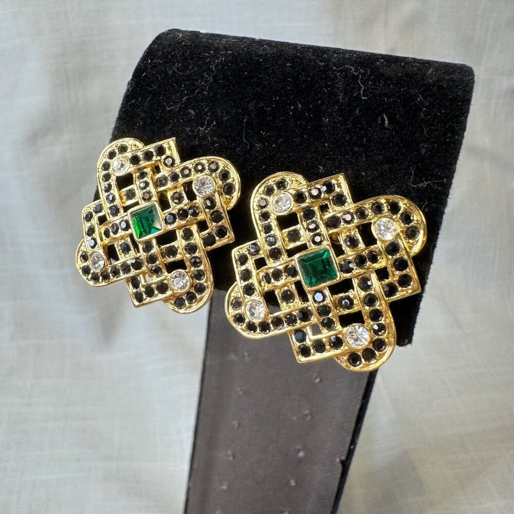 Vintage Gold Tone Basket Weave Celtic Knot Clip On Earrings with Rhinestones
